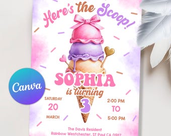 Ice Cream Birthday Invitation for Girl Birthday Invite, Ice Cream Party Invitation, Here's the Scoop Pink Purple Mint, Editable Canva