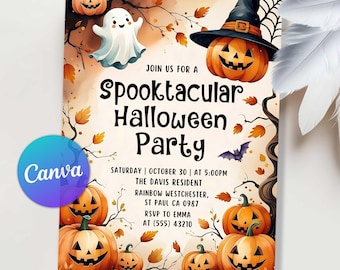 Halloween-Party-Einladung, Let's get Spooky Ghost & Kürbis-Thema, Halloween-Einladung, Halloween-Spooky-Party einladen, bearbeitbare Canva