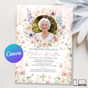 Op de afbeelding: Herdenkingskaart met een foto van een vrouw omringd door een bloemenkrans in zachte roze, paarse en gele tinten. Tekst bevat de naam "Melani Walter", data en service details. Het Canva-logo is zichtbaar.