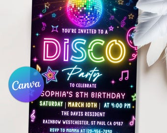 May include: A vibrant disco party invitation with a colorful disco ball, musical notes, and stars against a dark background. The invitation reads "DISCO Party" and includes event details for Sophia's 8th birthday.