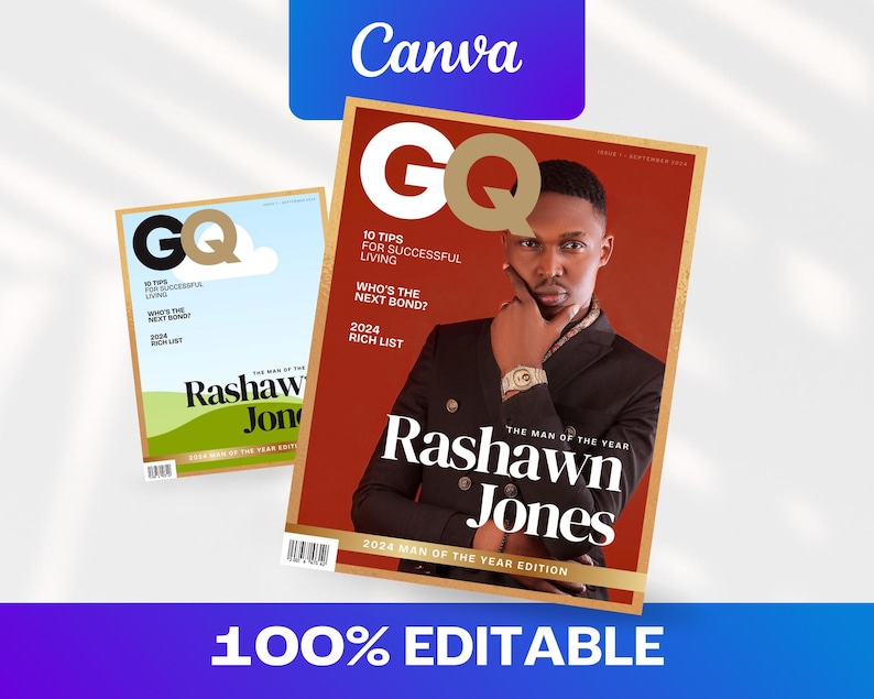 May include: Two GQ magazine covers. The cover on the right features Rashawn Jones, with text that reads "The Man of the Year." The cover has a red background with gold accents. The left cover has a light blue and green background. The Canva and 100% Editable logos are also visible.