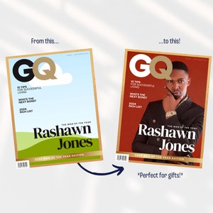 May include: GQ magazine cover featuring Rashawn Jones, the 2024 Man of the Year. The cover has a gold border and includes text such as "10 Tips for Successful Living" and "Rich List."