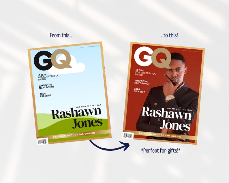 May include: GQ magazine cover featuring Rashawn Jones, the 2024 Man of the Year. The cover has a gold border and includes text such as "10 Tips for Successful Living" and "Rich List."