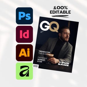 Könnte beinhalten: Ein Magazin-Cover mit dem GQ-Logo und dem Text "TRENDS FOR THIS SEASON" und "FASHION'S NEWEST STAR". Das Cover zeigt einen Mann in einem Blazer, der ein Getränk hält. Das Bild enthält auch die Logos von Adobe Photoshop, InDesign, Illustrator und Acrobat mit dem Text "100% EDITABLE."