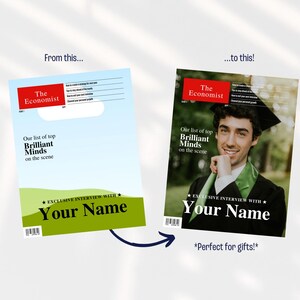 May include: A mock-up of a magazine cover featuring a person wearing a graduation cap and gown. The magazine is titled "The Economist" and the headline reads "Our list of top Brilliant Minds on the scene". The text "Exclusive Interview with Your Name" is also featured on the cover.