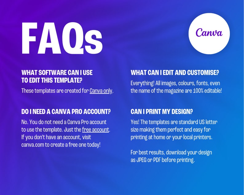 May include: A digital graphic with the heading "FAQs" in white. The image explains how to use Canva templates, detailing editing, customisation, and printing options. The background is a gradient of purple and blue.