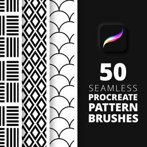 May include: A set of 50 seamless Procreate pattern brushes. The image shows four different patterns: polka dots, stripes, diamonds, and scales. The patterns are black and white.