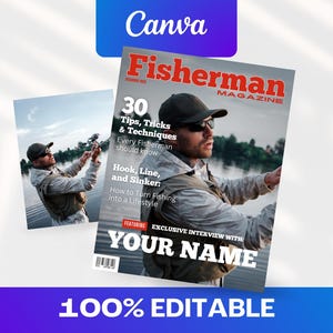 Custom Fishing Magazine Cover Template, Funny Fisherman Gift, Editable Canva Template, Fishing Gift for Dad, Angler Poster