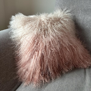 Peut inclure: Un coussin moelleux en peau de mouton rose et blanc avec une fourrure longue et bouclée. Le coussin est posé sur un canapé gris.