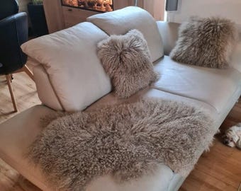 Cojín de cordero tibetano natural, decoración rústica para el hogar, regalo para ella | Funda de almohada para decoración del hogar, color topo/beige, 40 x 40 cm