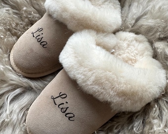 Genuine Lambskin Slippers, Women's Leather Slippers with Personalized Text, Valentine's Day Gift, Bachelorette Party Gift, Beige