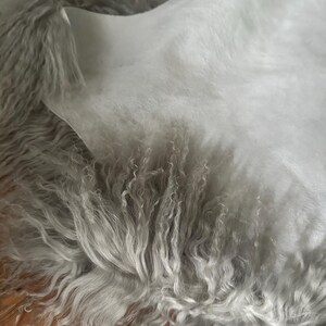 Puede incluir: Primer plano de una alfombra esponjosa de color gris claro con una textura suave y rizada. La alfombra est&aacute; hecha de piel sint&eacute;tica y tiene un tacto suave y sedoso.