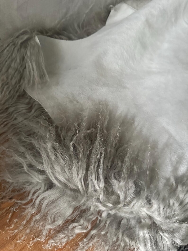 Puede incluir: Primer plano de una alfombra esponjosa de color gris claro con una textura suave y rizada. La alfombra est&aacute; hecha de piel sint&eacute;tica y tiene un tacto suave y sedoso.
