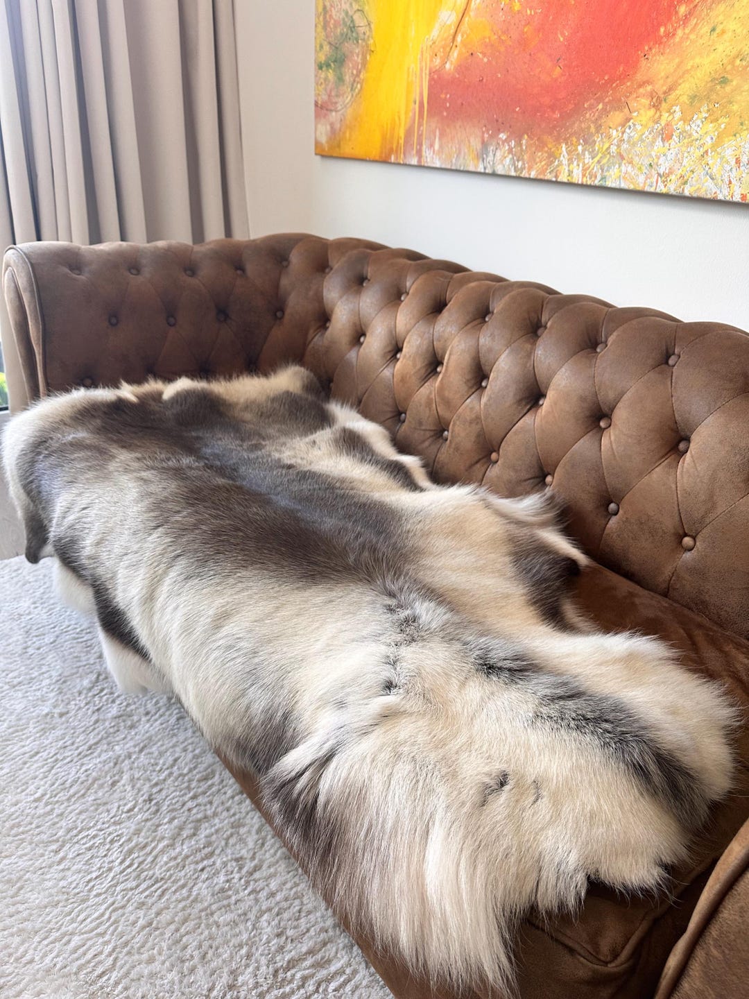 スカンジナビア トナカイ】本革 毛皮 特大 ラグ 座布団③ 最高級 希少