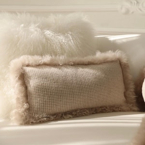 Peut inclure: Un oreiller rectangulaire beige et blanc avec une texture moelleuse et hirsute. L'oreiller est fait d'un tissu doux et tissé avec un motif à carreaux subtil.