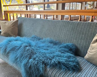 XL Lambskin | Winter Decoration | Finely Curly Fur | Natural Tibetan Sheepskin | Runner Rug Decoration Petrol Cozy Home