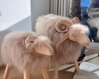 Sheep Stool Aries 2-piece set XL + M animal stool hand-carved wood Icelandic sheepskin hut living room children's room pouf ottoman gift