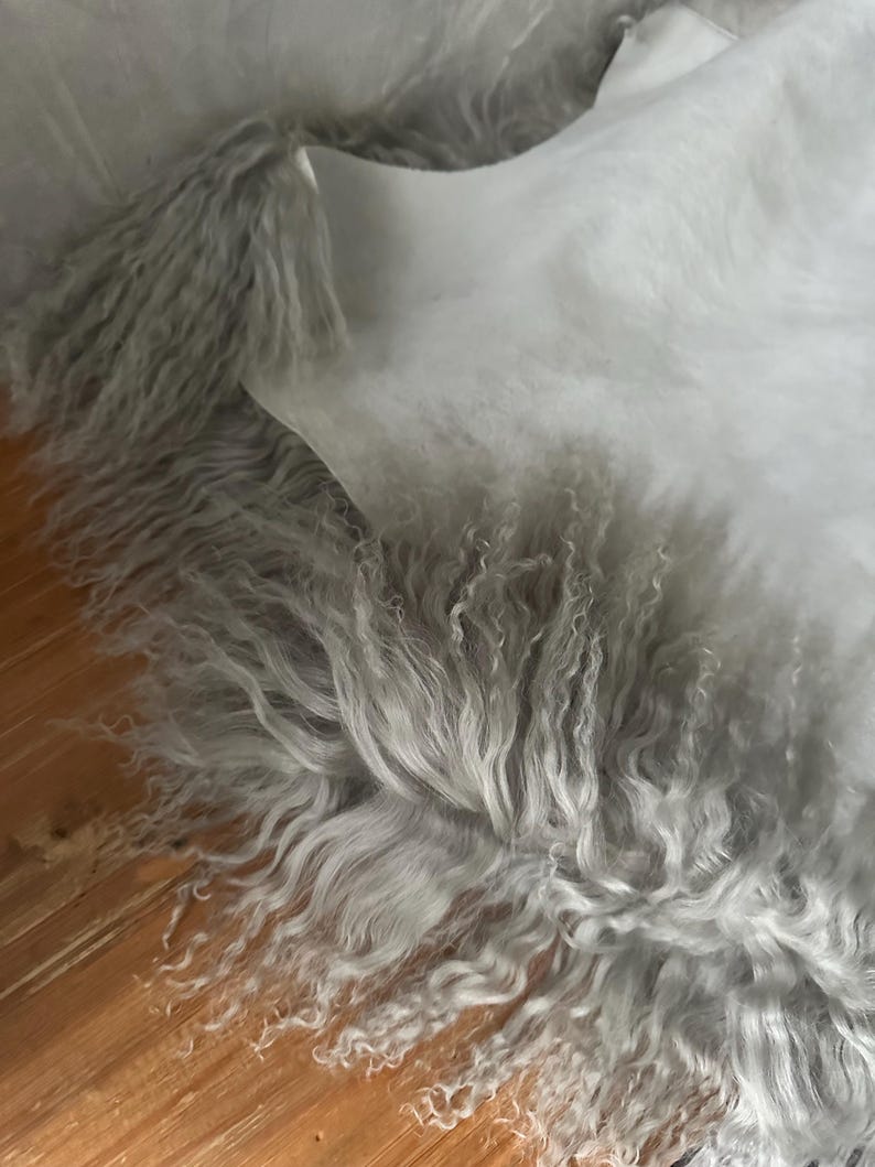 Puede incluir: Una alfombra de piel sint&eacute;tica gris con una superposici&oacute;n de tela blanca transparente. La piel es larga y esponjosa, y la tela es delicada y transl&uacute;cida.