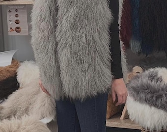Mongolian lambskin vest, luxury women's vest, S/meter, handmade Tibetan lamb fur vest, women's collarless vest, autumn/winter trend 2025, light grey, size 36
