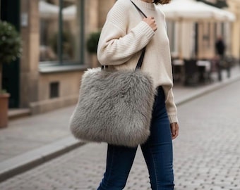 Real fur bag, handbag, shoulder bag, XL shopper made of genuine Tibetan lambskin – luxurious, super soft & fluffy, handmade shoulder bag