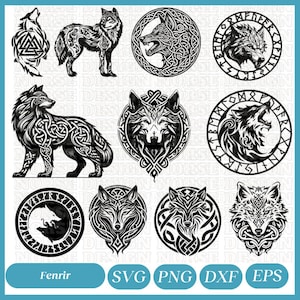 May include: A set of ten black and white vector illustrations of wolves with intricate Celtic knotwork designs. The designs include wolves howling, wolves with their heads turned, and wolves with their mouths open. The text "Fenrir" is included in the image.