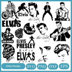 Puede incluir: Una colección de gráficos en blanco y negro de Elvis Presley. Las imágenes incluyen retratos, siluetas y la firma del cantante. El texto incluye "Elvis Presley", "Elvis" y abreviaturas de tipo de archivo.