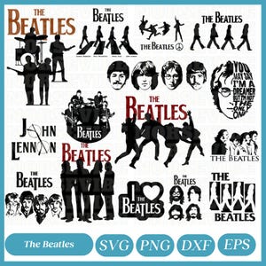 May include: A collection of black and white graphics featuring The Beatles. The designs include silhouettes of the band members, album art, and the band's name in various fonts. The image also includes the text "The Beatles" and file type abbreviations.