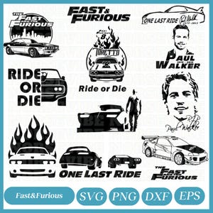 Puede incluir: Una colección de gráficos en blanco y negro con coches, logotipos y retratos relacionados con la franquicia de películas "Fast & Furious". Incluye texto como "Ride or Die" y "One Last Ride".