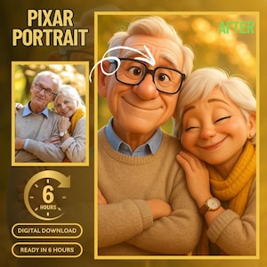 Portrait de personnage Pixar personnalisé à partir d'une photo, dessin animé 3D Pixar, photo de transformation Pixar personnalisée, cadeau unique pour la famille et le couple