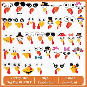 Op de afbeelding: Een verzameling kalkoengezichten met diverse accessoires, waaronder zonnebrillen, hoeden en strikken. De kalkoengezichten zijn in geel, oranje en rood, met witte achtergronden. De afbeelding bevat de tekst "Turkey Face Svg Png BUNDLE", "High Resolution" en "Instant Download".