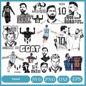 Puede incluir: Una hoja de diseño digital con múltiples imágenes de Lionel Messi, un famoso jugador de fútbol. Las imágenes incluyen a Messi vistiendo diferentes camisetas, incluyendo la camiseta de la selección nacional de Argentina y la camiseta del Barcelona. Los diseños también incluyen texto en español, como "¡Que miras Bobo? Anda pa alla" y "¿Que mira Bobo? Anda pa alla".