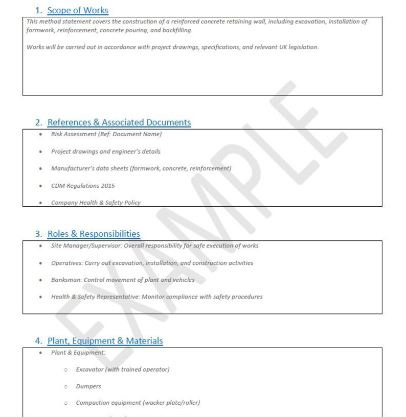 Modèle de déclaration de méthode de construction Royaume-Uni - Exemple de mur de soutènement - Word modifiable - Groundworks RAMS image 3
