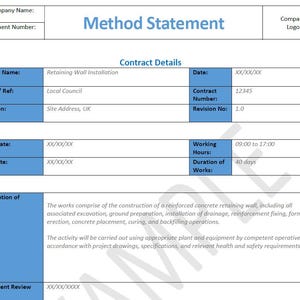 Construction Method Statement Template UK – Retaining Wall Example – Editable Word – Groundworks RAMS