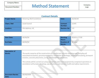 英国における建設工法説明書テンプレート – 擁壁の例 – 編集可能なWordファイル – 地盤工事リスク評価・作業手順書（RAMS）
