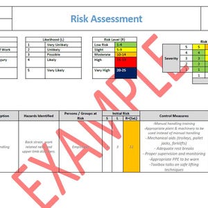 May include: A risk assessment form with a table format. The document includes sections for severity, likelihood, and risk level, with a risk index matrix. The word "EXAMPLE" is stamped across the document in red.