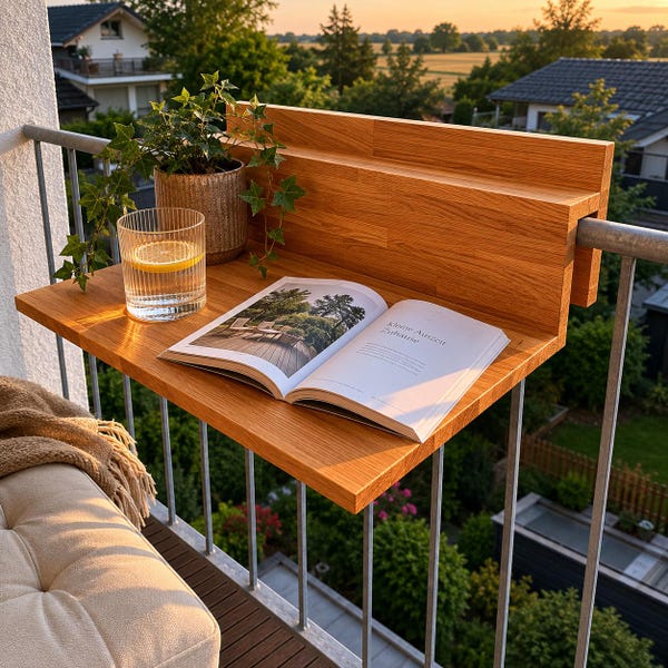 Shelf for balcony, table hanging, wood, customizable, garden decoration, industrial design, desk, gift idea, storage