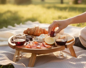 Wooden Wine Picnic Table | Charcuterie Board | Wine Glass Holder | Outdoor Entertainment | Gift for Him | Gift Idea | Charcuterie Board