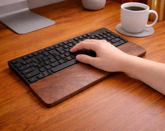 Wooden palm rest, ergonomic brown walnut wood, wrist support for computer, writing and gaming, 30cm x 8cm