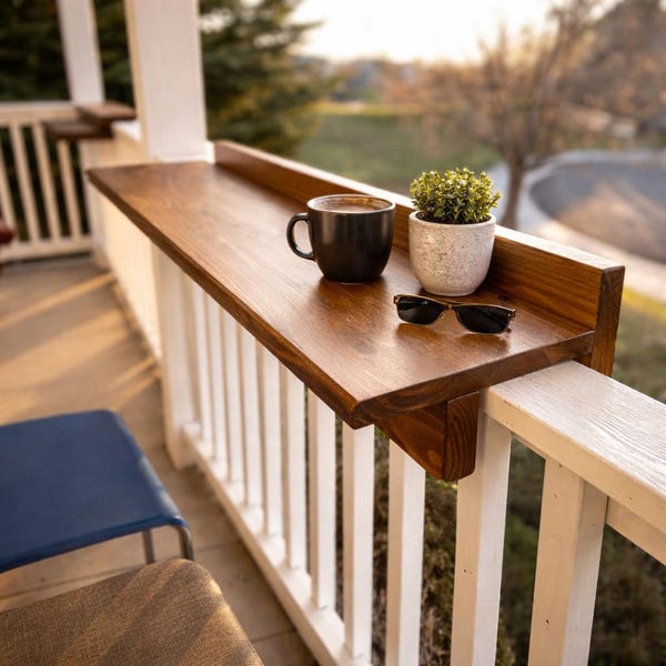 Shelf for balcony, table hanging, wood, customizable, garden decoration, industrial design, desk, gift idea, storage