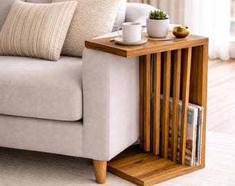Wooden C-shaped side table | Handcrafted oak coffee and night table | Modern design, customizable, durable, living room, laptop table
