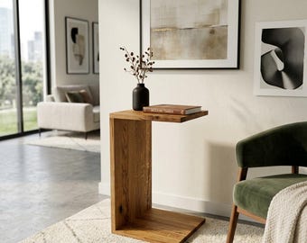 Wooden C-shaped side table | Handcrafted oak coffee and night table | Modern design, customizable, durable, living room, laptop table