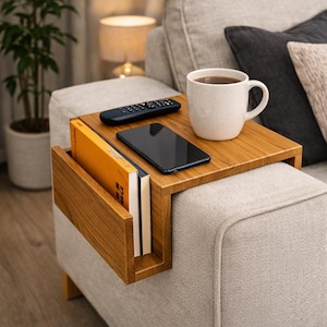 May include: A wooden sofa arm table with a built-in book holder. A remote, smartphone, and a mug of coffee sit on the table. Two books are in the holder. The table is made of light brown wood.