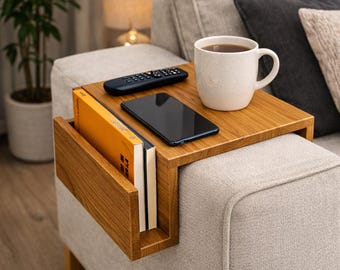 Solid wood armrest table – sofa shelf for drinks, snacks, mobile phone & books, individually selectable width, lightweight, handmade