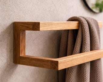 Handtuchhalter Eiche | Wandmontierter Badezimmer Handtuch Halter | Wandhaken, Badezimmereinrichtung, Holz Design, 60x20x15 cm