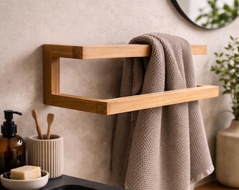 Oak towel rack | Wall-mounted bathroom towel holder | Wall hook, bathroom decor, wood design, 60x20x15 cm