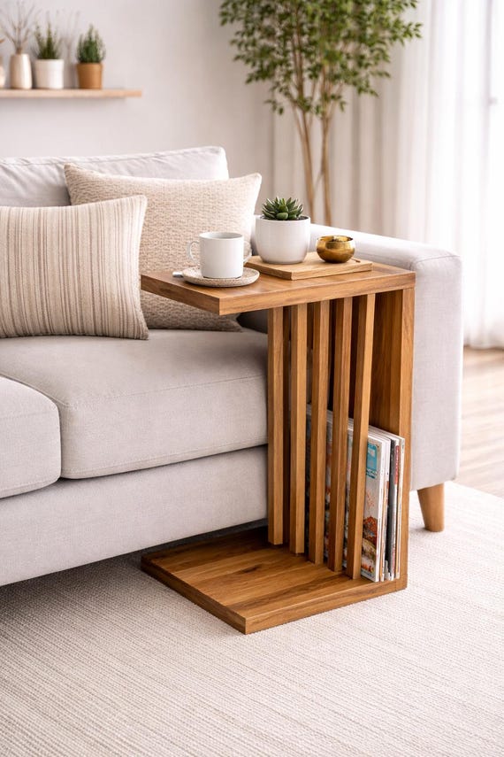Beistelltisch Holz C-Form | Handgefertigter Eiche Couch- & Nachttisch |Modernes Design, personalisierbar, langlebig, Wohnzimmer, Laptoptisch