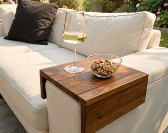 Wooden Couch Arm Tray in Beige, Handmade Solid Wood Side Table, Sofa Storage, Customizable, Gift Idea for Living Room