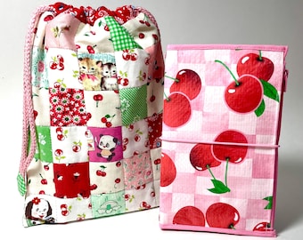 Patchwork Drawstring Retro Style Fabric Bag and Travelers  Notebook Cover Bundle Cherry Design
