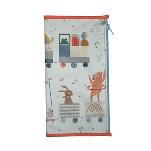 May include: A rectangular pencil case with a whimsical train design. The light blue case features a train with animal passengers, musical notes, and a rainbow. The case has a blue zipper and orange trim.