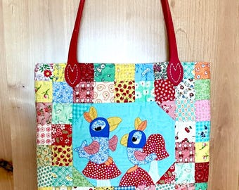 A Little Birdie Told Me Tote Bag hand quilted English Paper Pieced one of a kind shoulder bag